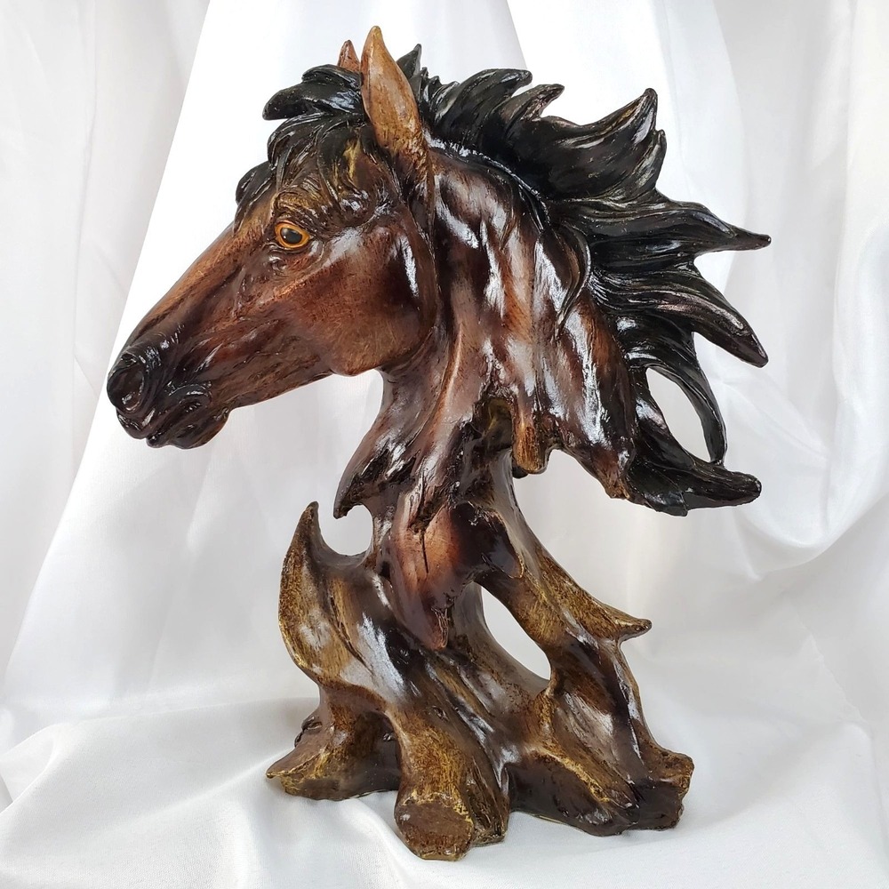 Equestrian Mustang Horse Head/Bust Resin Sculpture Brown Mane Colt Filly 11"